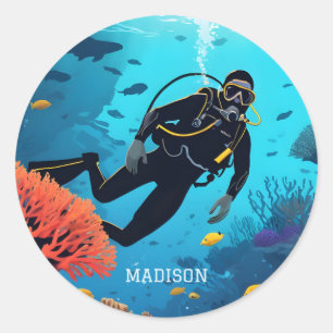 Sticker Rond Nom personnalisé Scuba Diver