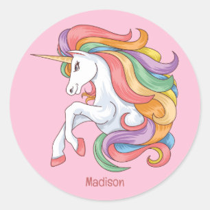 Sticker Rond Nom personnalisé Unicorne colorée