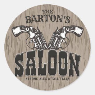 Sticker Rond NOM PERSONNALISÉ Wild West Gun Revolver Saloon