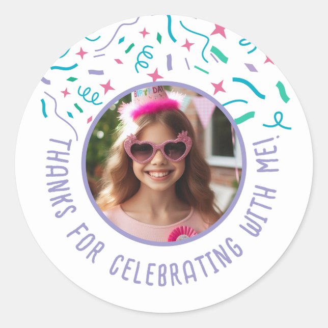 Sticker Rond Nom photo personnalisé Confetti Anniversaire Merci (Devant)