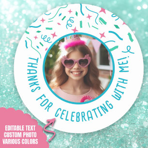 Sticker Rond Nom photo personnalisé Confetti Anniversaire Merci