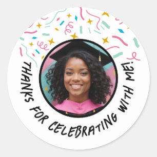 Sticker Rond Nom photo personnalisé Confetti Graduation Merci