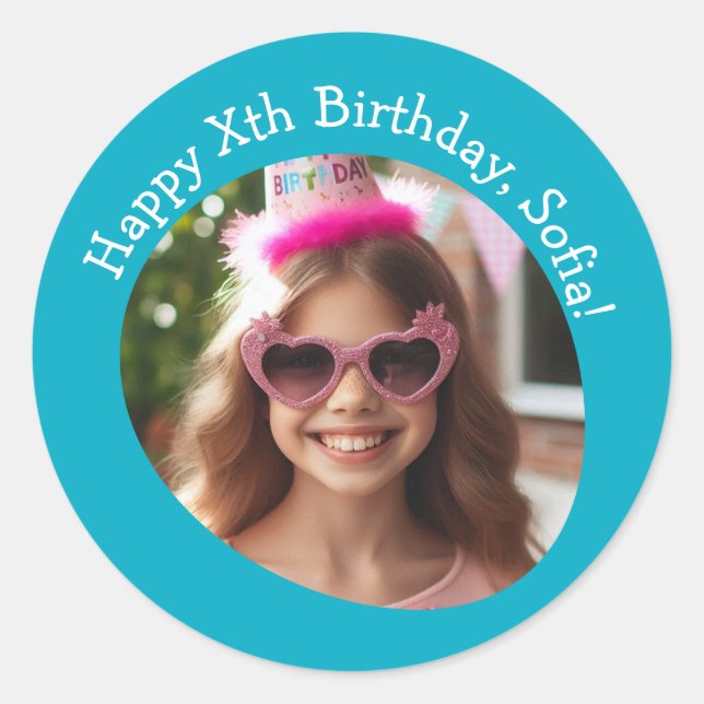 Sticker Rond Nom photo personnalisé et âge Joyeux anniversaire (Devant)