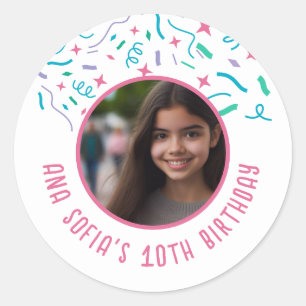 Sticker Rond Nom Photo Personnalisé Tout Age Confetti Anniversa