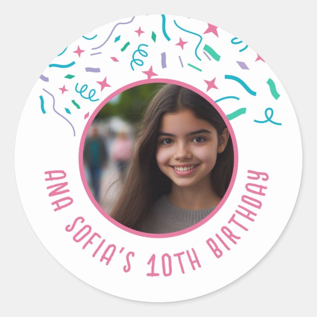 Sticker Rond Nom Photo Personnalisé Tout Age Confetti Anniversa (Devant)