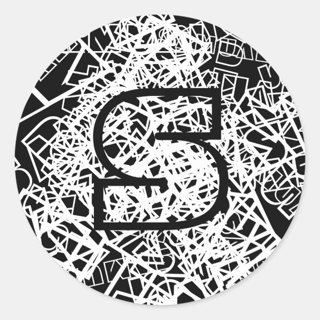 Sticker Rond Nom rétro-moderne ou Word & Monogramme Noir & Blan (Devant)