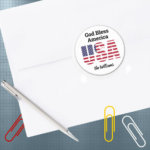 Sticker Rond Nom, USA Dieu bénisse l'Amérique 1,5 po ou 3 po