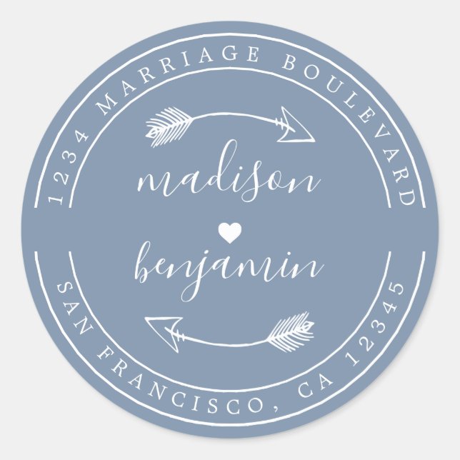 Sticker Rond Noms Arrow en bleu Mariage Adresse de retour (Devant)