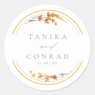 Sticker Rond Noms d'aquarelle Mariage fleur sauvage Gold ID954