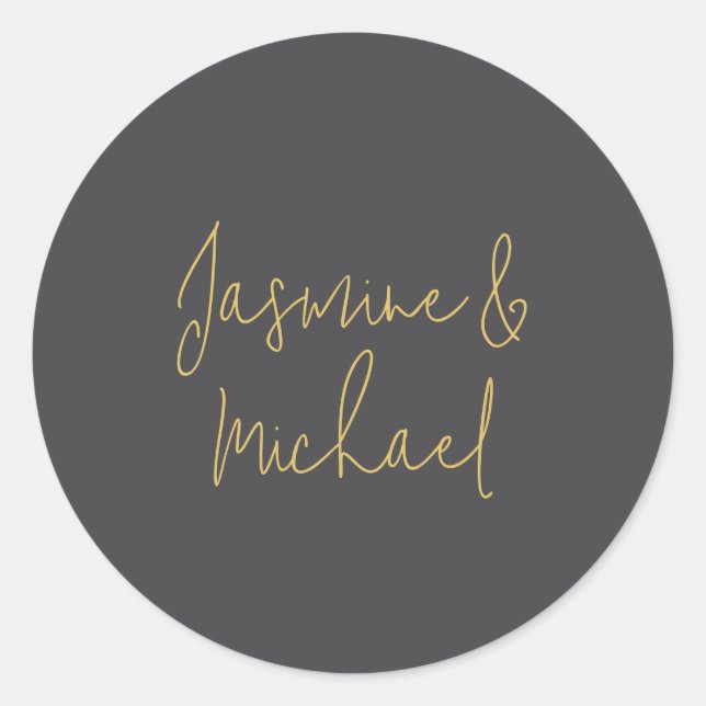 Sticker Rond Noms de couple de calligraphie chic gris et or (Devant)