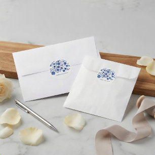 Sticker Rond Noms de couple floral Delft bleu poussiéreux