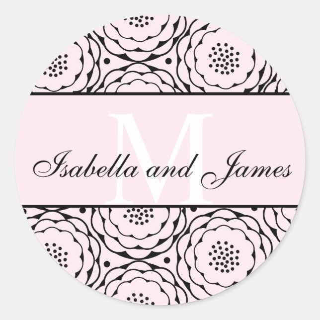 Sticker Rond Noms de la mariée initiale Mariage rose floral (Devant)