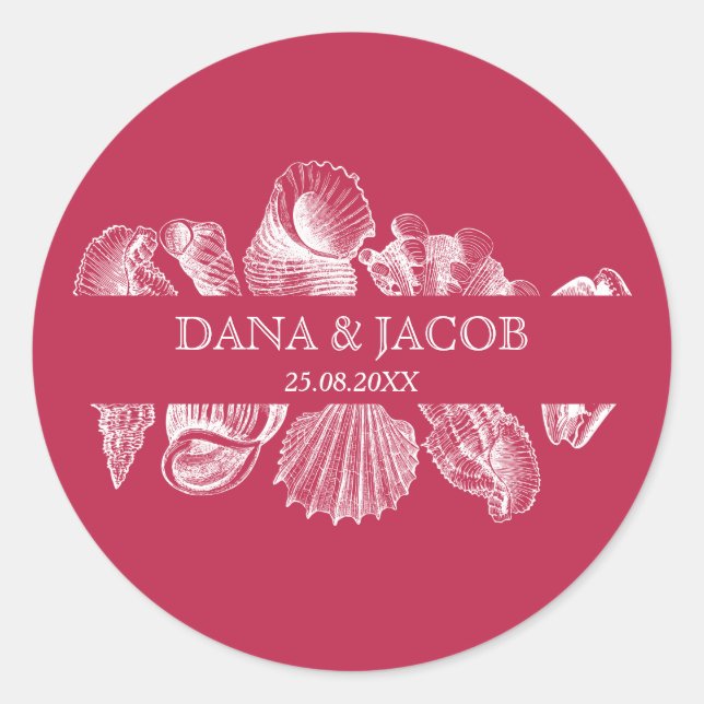Sticker Rond Noms de mariage de Sea Shell Beach Date (Devant)