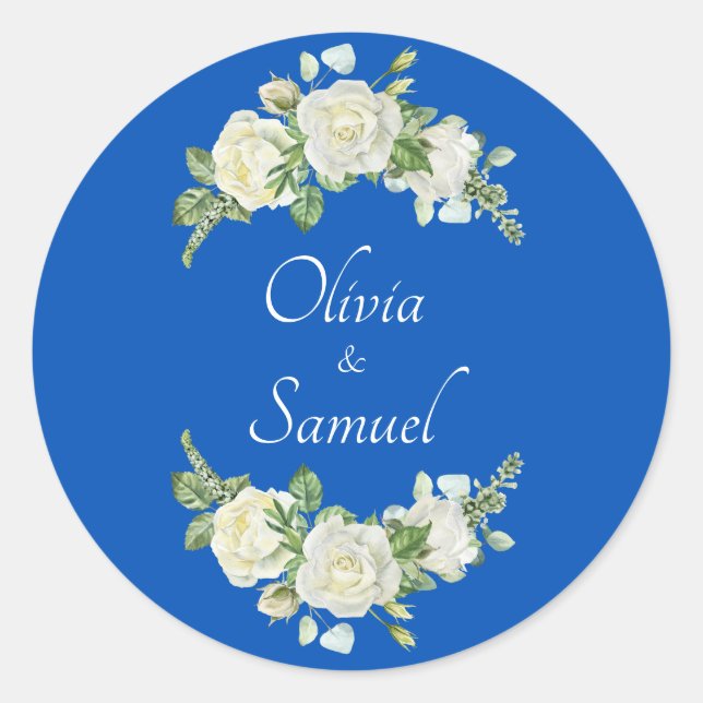 Sticker Rond Noms de mariée et de chambre Cobalt Roses bleues e (Devant)