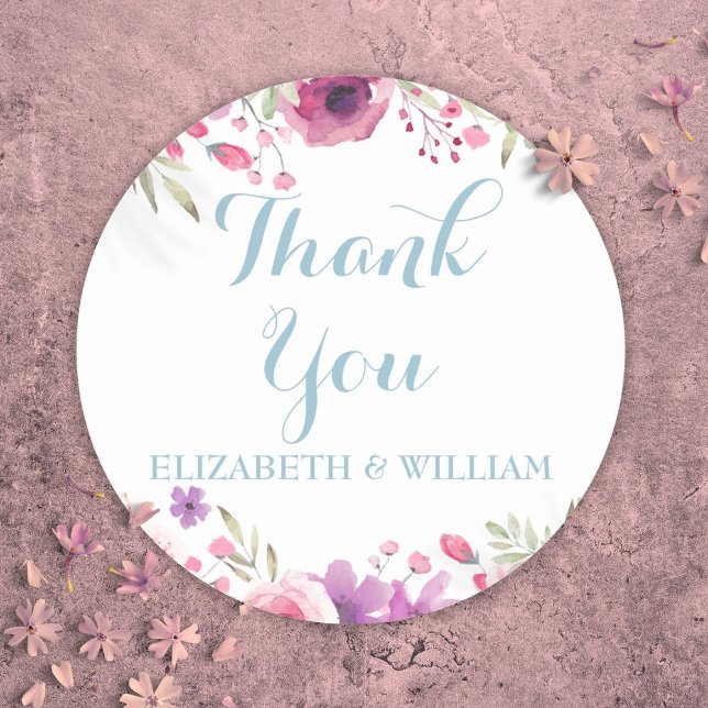 Sticker Rond Noms de remerciement de script de roses aquarelles (Watercolor Roses Script Thank You Names Classic Round Sticker)