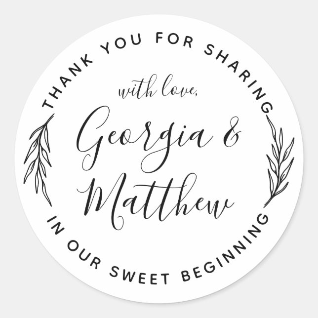 Sticker Rond Noms de script Feuilles simples Merci Mariage rond (Devant)