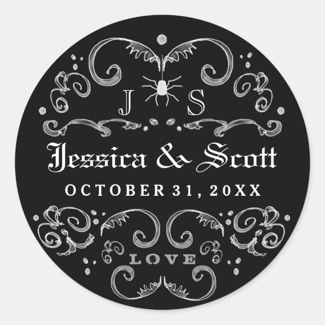 Sticker Rond Noms des Mariages gothiques de l'Halloween noir et (Devant)