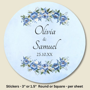 Sticker Rond Noms des mariés & Date Fleur de pivoine bleue 