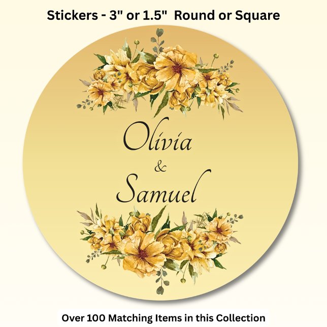 Sticker Rond Noms des mariés Fleurs jaune doré (Créateur téléchargé)
