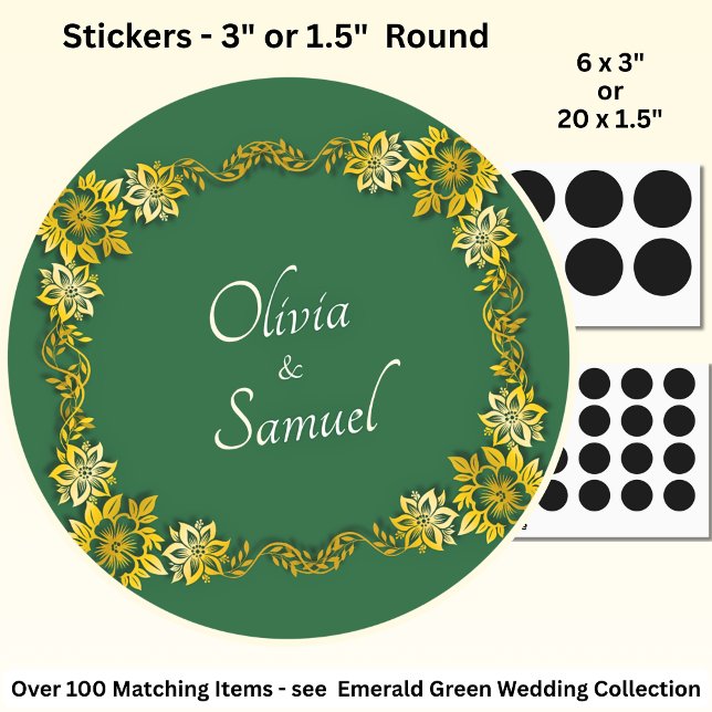 Sticker Rond Noms des mariés vert émeraude et or (Créateur téléchargé)