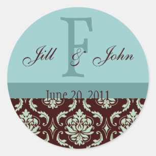 Sticker Rond Noms du monogramme mariage Date Damas Brown Bleu