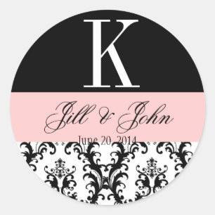 Sticker Rond Noms du monogramme mariage Date Damask Black & Pin