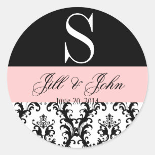 Sticker Rond Noms du monogramme mariage Date Damask Black Pink