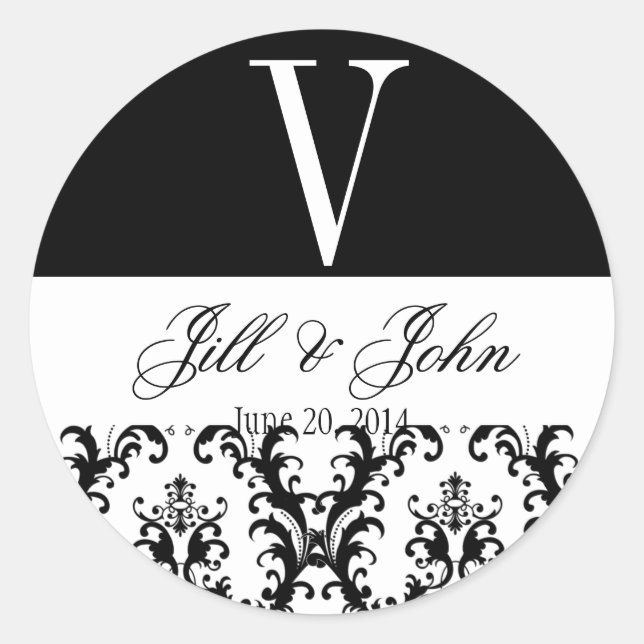 Sticker Rond Noms du monogramme mariage Date Damask Black White (Devant)