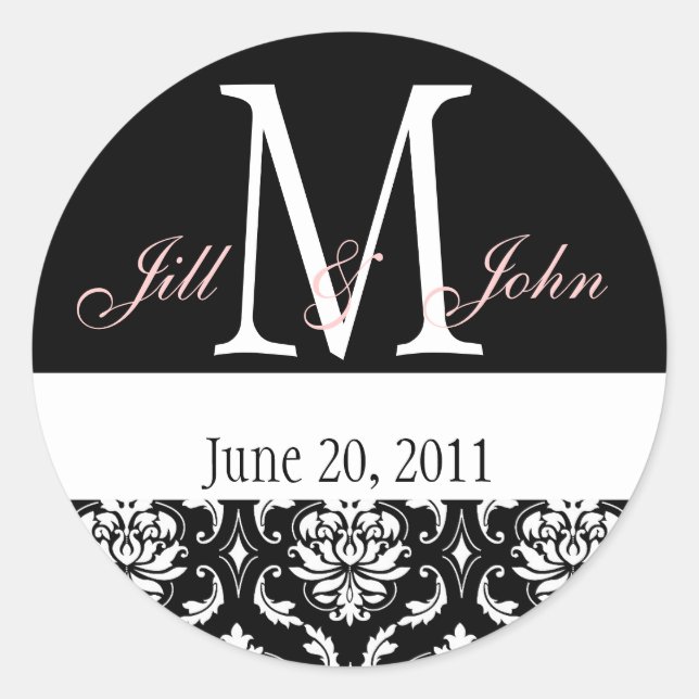 Sticker Rond Noms du monogramme mariage Date Damask Black White (Devant)