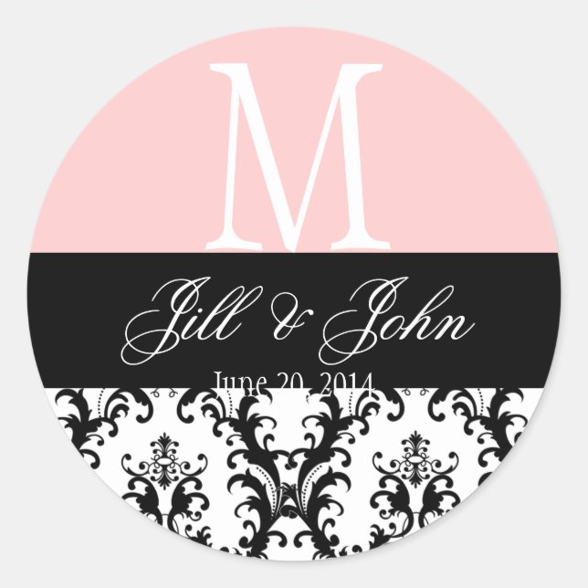 Sticker Rond Noms du monogramme mariage Date Damask Pink Seal (Devant)
