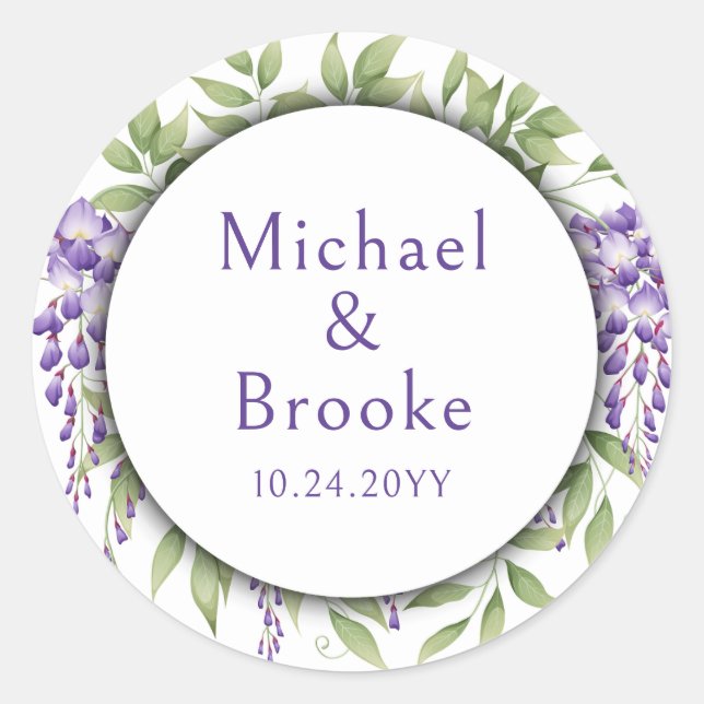 Sticker Rond Noms Elegant Purple Wisteria Floral Mariage (Devant)