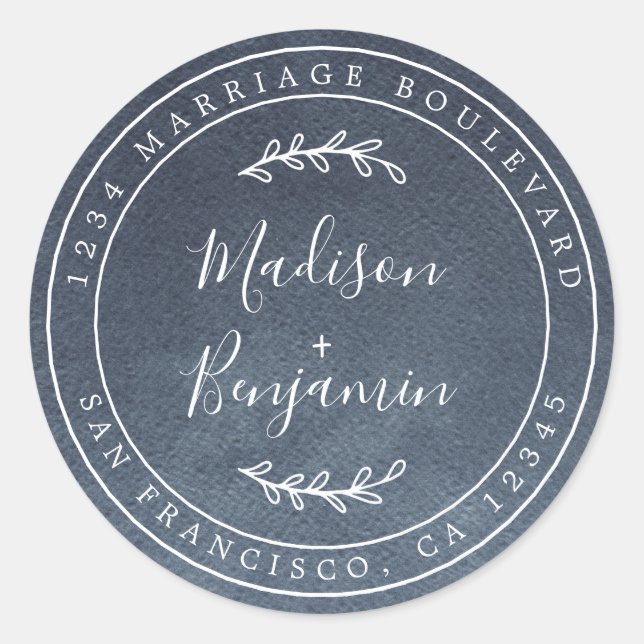 Sticker Rond Noms élégants Mariage bleu Adresse de retour (Devant)