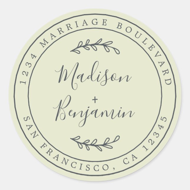Sticker Rond Noms élégants Mariage vert Adresse de retour (Devant)