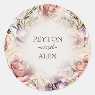 Sticker Rond Noms élégants papillons floraux rose violet crème