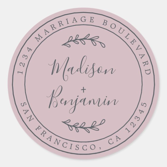 Sticker Rond Noms élégants Pastel Purple Mariage Adresse de ret (Devant)