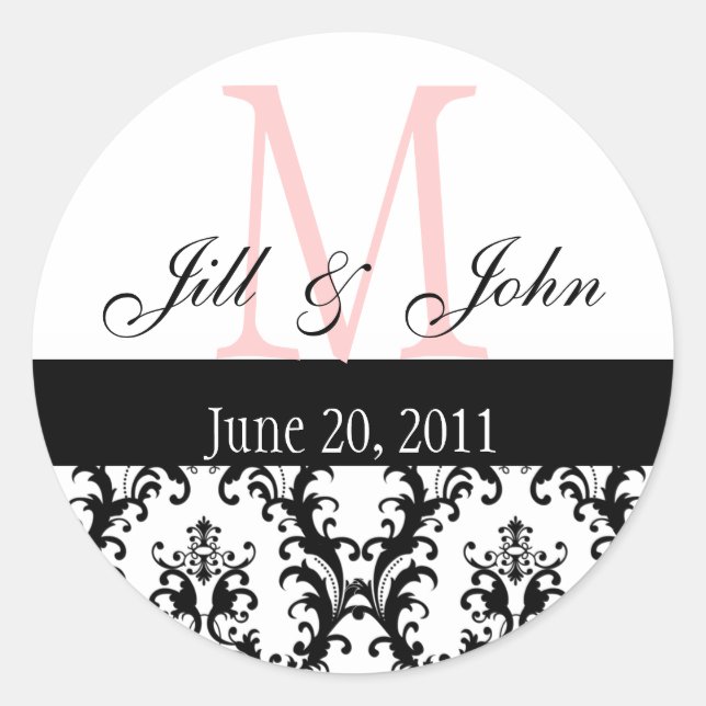 Sticker Rond Noms Monogrammes Date Mariage damassé Rose Noir (Devant)