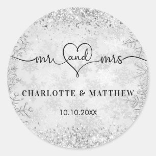 Sticker Rond Noms mr mrs argentés élégants pour mariage d'hiver