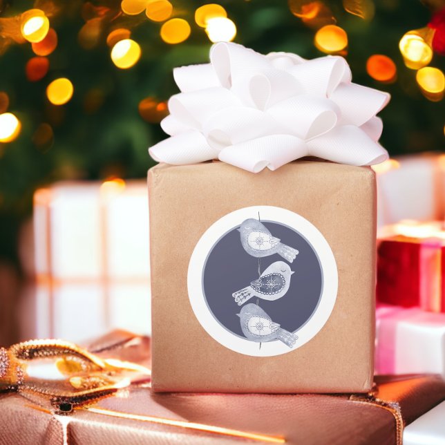 Sticker Rond Nordic Christmas Blue Birds Photo (Nordic Christmas Blue Birds Photo Classic Round Stickers from Ricaso)
