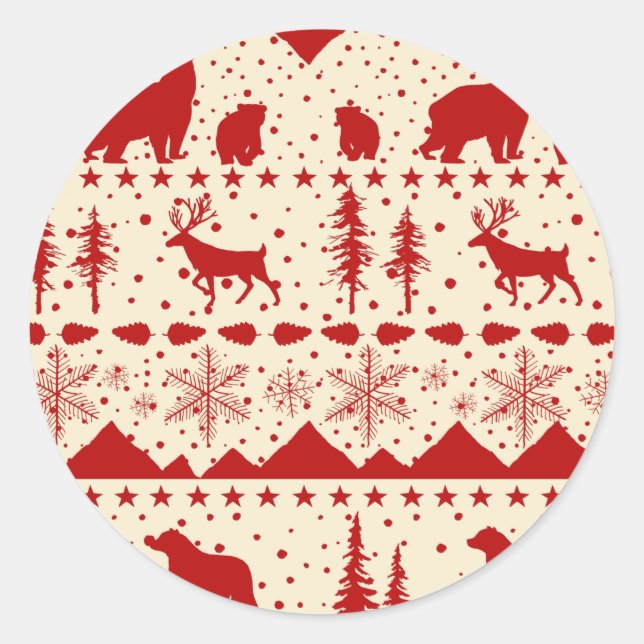 Sticker Rond Nordique Sweater Holiday Red Winter Animaux (Devant)