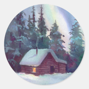 Sticker Rond NORTHERN LIGHTS & LOG CABINE par SHARON SHARPE