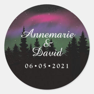 Sticker Rond Northern Lights Mountaintop Stars Mariage Faveur