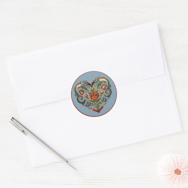 Sticker Rond Norvégien Rosemaling Folk Art Heart (Enveloppe)