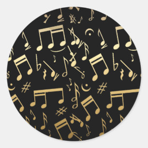 Sticker Rond Notes musicales d'or sur l'arrière - plan noir