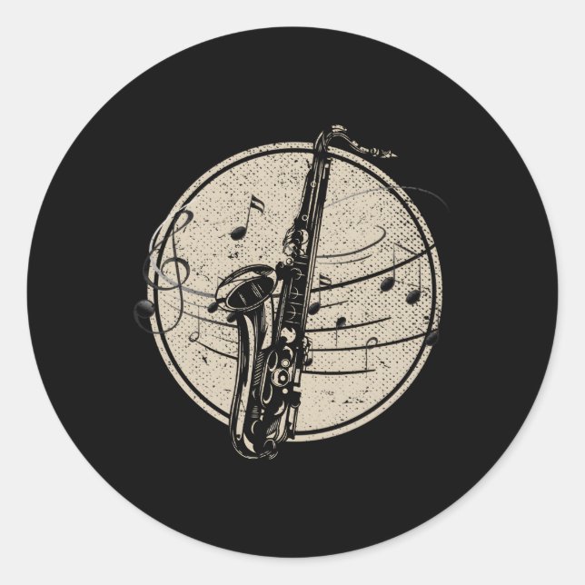 Sticker Rond Notes musicales Saxophoniste Musicien de jazz Saxo (Devant)