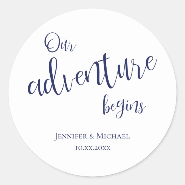Sticker Rond Notre aventure commence dk bleu typographie mariag (Devant)