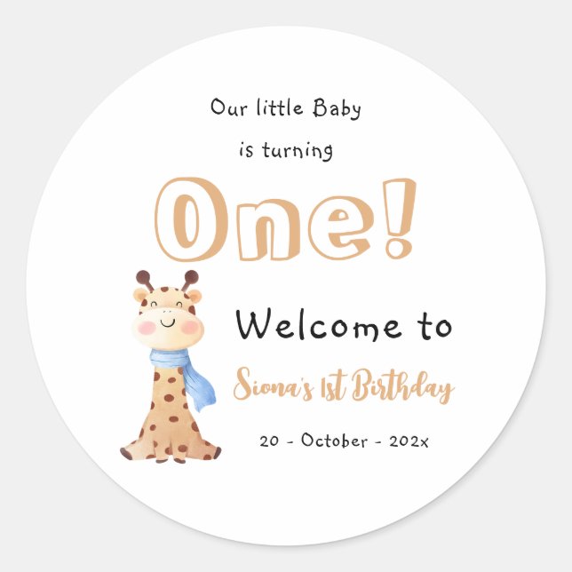 Sticker Rond Notre Bébé tourne une petite girafe 1er anniversai (Devant)