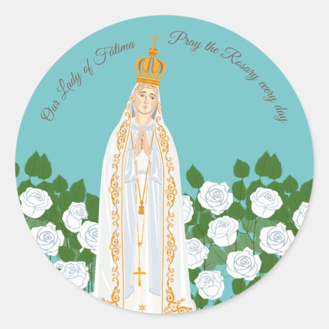 Sticker Rond Notre-Dame de Fatima et roses blanches (Devant)