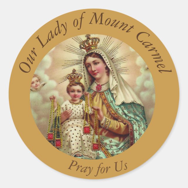 Sticker Rond Notre Dame du Mont Carmel Baby Jésus Scapulaire (Devant)