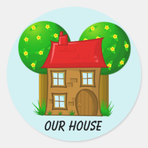 Sticker Rond Notre Maison Maison Cartoon House et Arbres