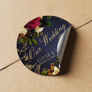 Sticker Rond Notre mariage élégant marine bordeaux or mariage